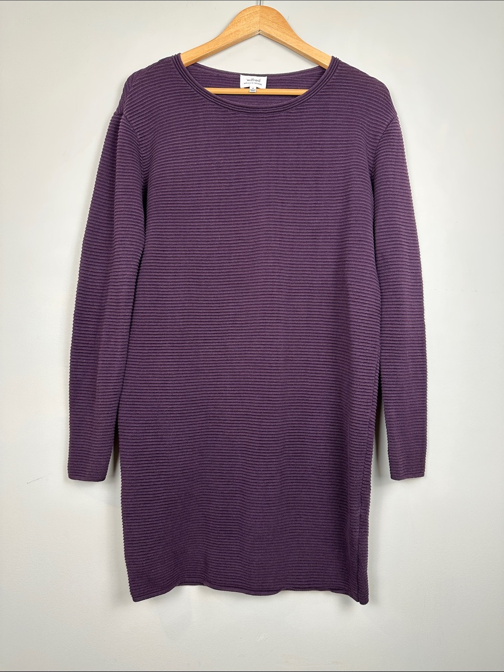 108. Wilfred, silk cashmere sweater dress , eggplant, purple ribbed.